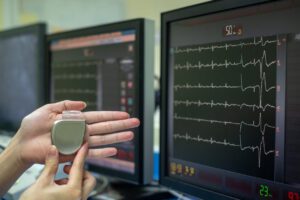 Doktor drži pejsmejker ispred monitora
